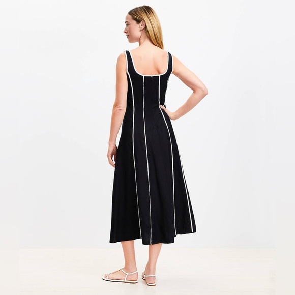 Loft Seamed Linen Blend Midi Dress Black White Preppy Feminine Chic - Picture 2 of 13